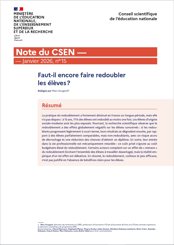 Couverture note 15 Faut-il encore faire redoubler les élèves ?