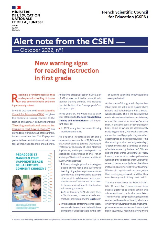 Cover and first page of the CSEN alert note on reading instruction